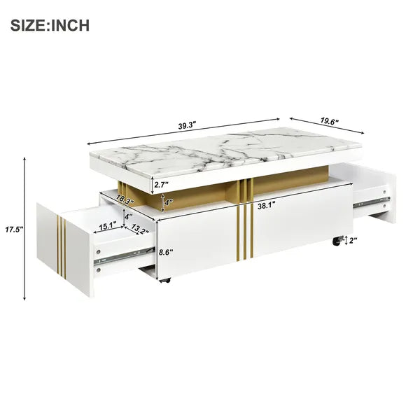 VIDEO Provided ON-TREND Contemporary Coffee Table With Faux Marble Top, Rectangle Cocktail Table With Caster Wheels, Moderate Luxury Center Table With Gold Metal Bars For Living Room, White