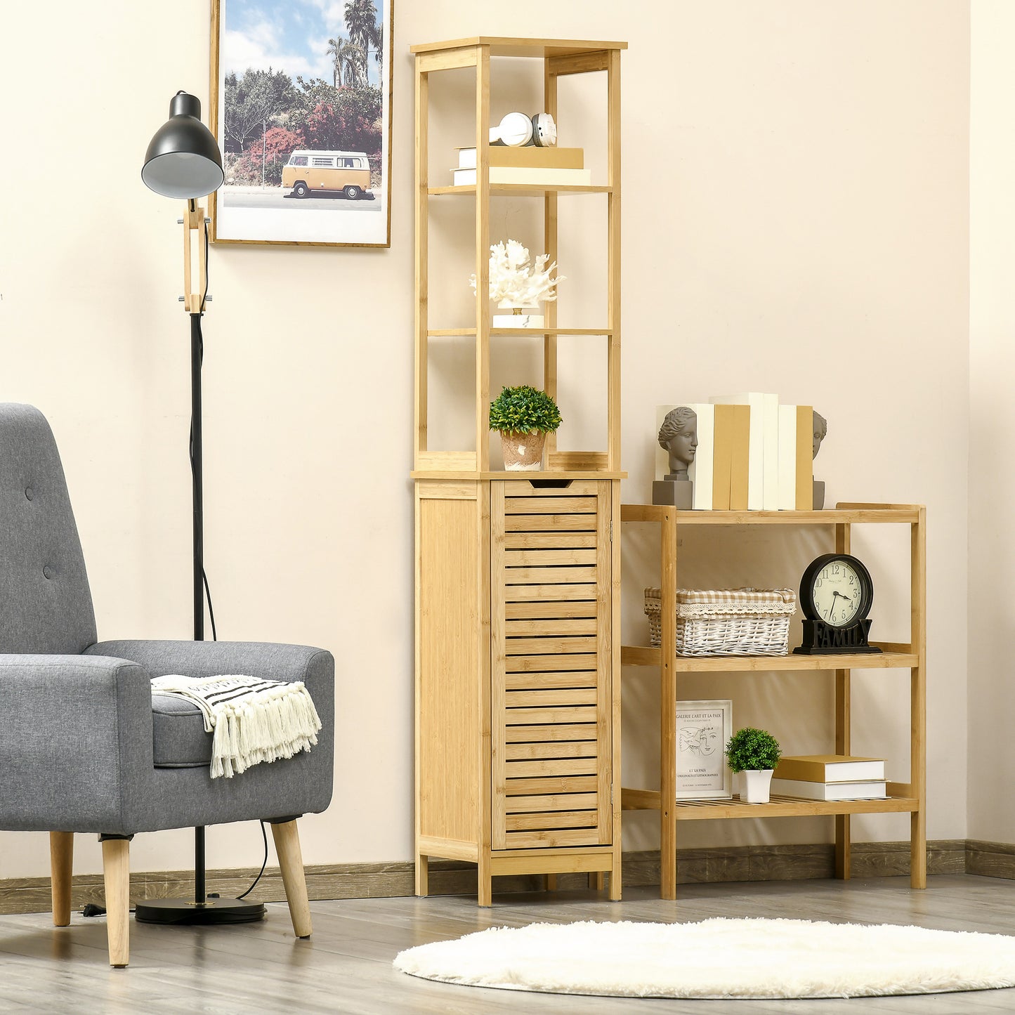 Bathroom Floor Cabinet with 3 Shelves and Cupboard