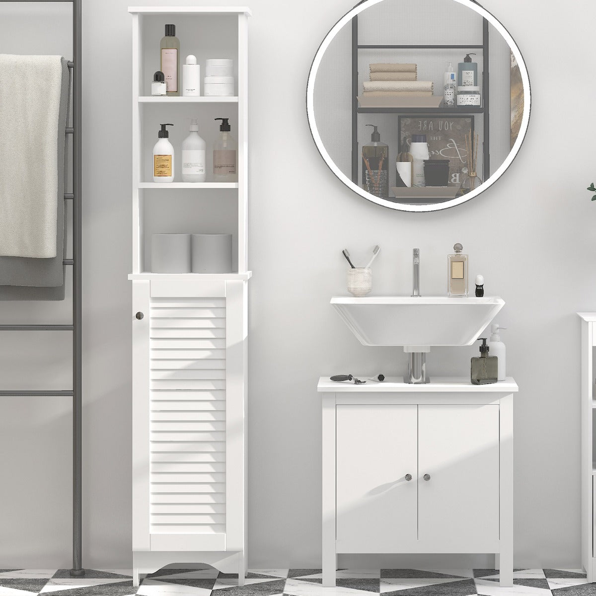 Tall Bathroom Storage Cabinet/Freestanding Tower with 3-Tier Open Adjustable Shelf and Cupboard