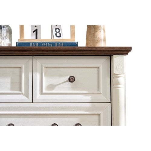 Farmhouse Style 5 Drawer Dresser Chest With Base Wooden Rustic Chest Of Drawers, Storage Dresser Organizer For Bedroom, Living Room, Beautiful Sturdy And Durable