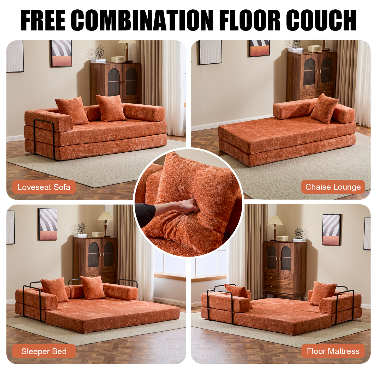 Floor Couch,Compression Sofa,Convertible Floor Sofa Bed-with Pillow Back Support Armrest,Comfy Futon Couch Lounge Sleeper Bed,chenille Fabric,for Living Room Bedroom Orange