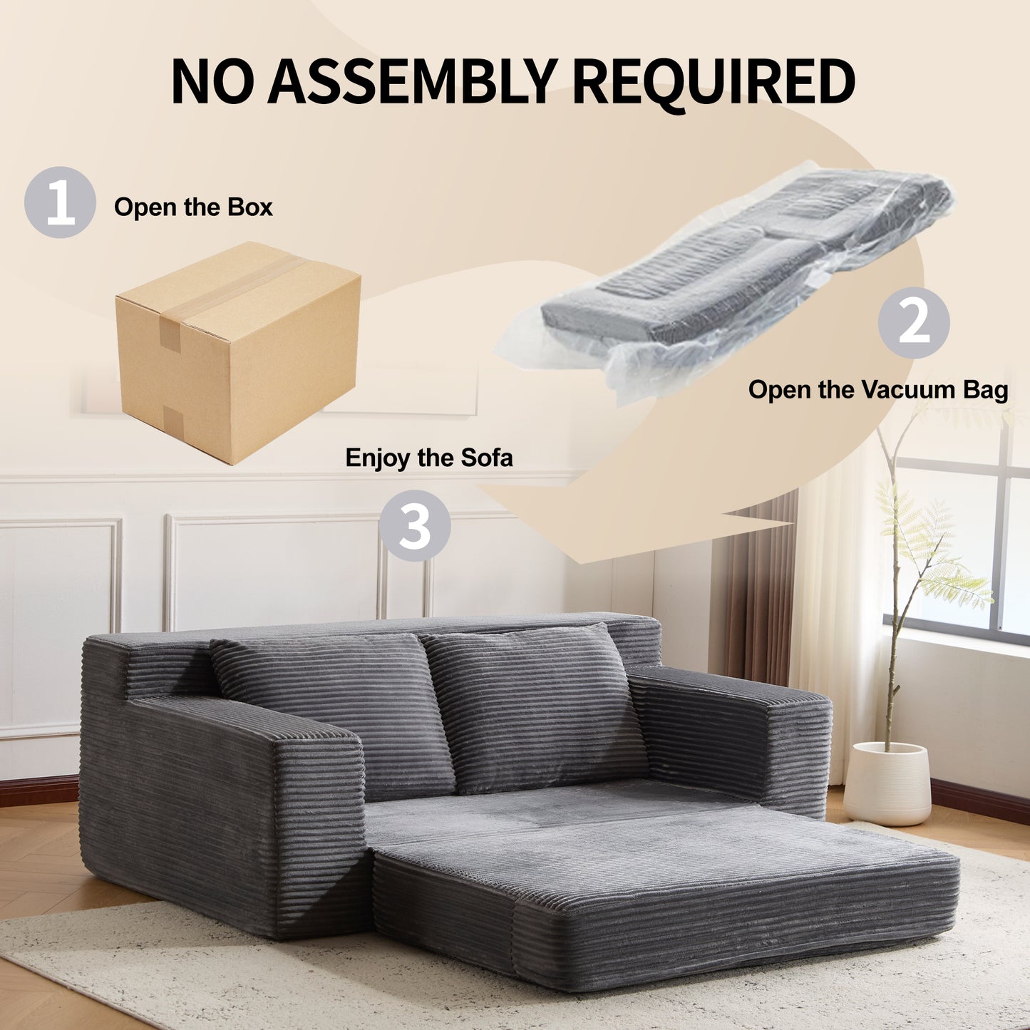 Loveseat Sofa, Comfortable Deep Seat Sofa Bed, Modern Small Corduroy Couch For Living Room Bedroom,Reversible Cushion With Pillows,No Assembly Required,Dark-grey