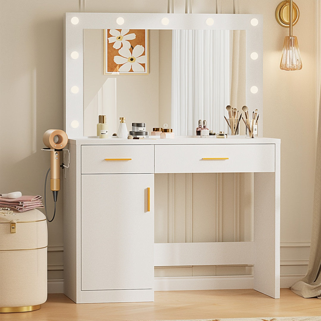 Mirror And Lights, Makeup Vanity Table With Charging Station , 2 Drawers & Large Cabinet, 3 Lighting Color Adjustable, Dressing Table