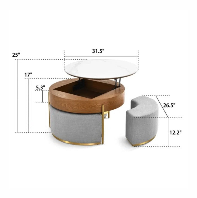 Lift Top Extendable 3 Legs Nesting Coffee Table With Storage 3 Stools Included