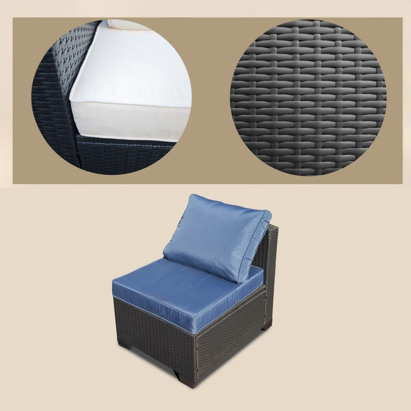 Seven-Piece Sofa Set Table With Sofa Chair Black PE Rattan Outdoor Furniture 7-JH001 Box 3-1-2-3 With Blue Color Cushion