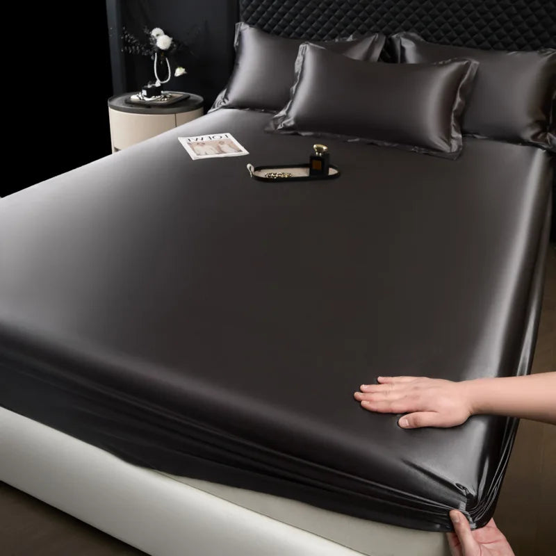 Black satin fitted sheet from a 3 pcs high end 100% mulberry silk sheet set with a smooth glossy finish