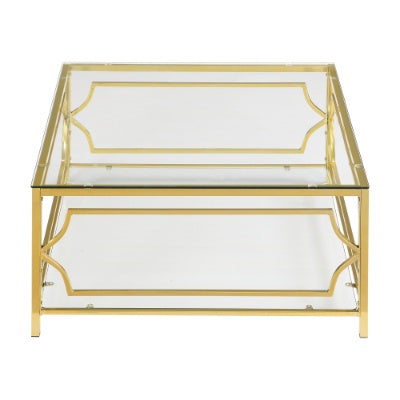 Square Glass Coffee Table In 33.5 ,Luxurious Geometric Metal Frame,Gold Finish Lower Shelf