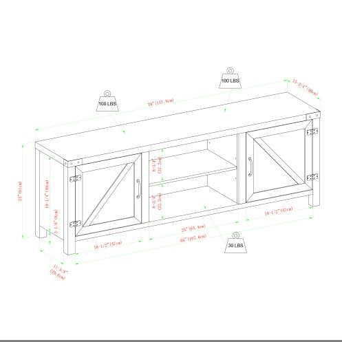 Rustic Farmhouse Double Barn Door TV Stand For TVs With Center Shelves - Rustic Oak