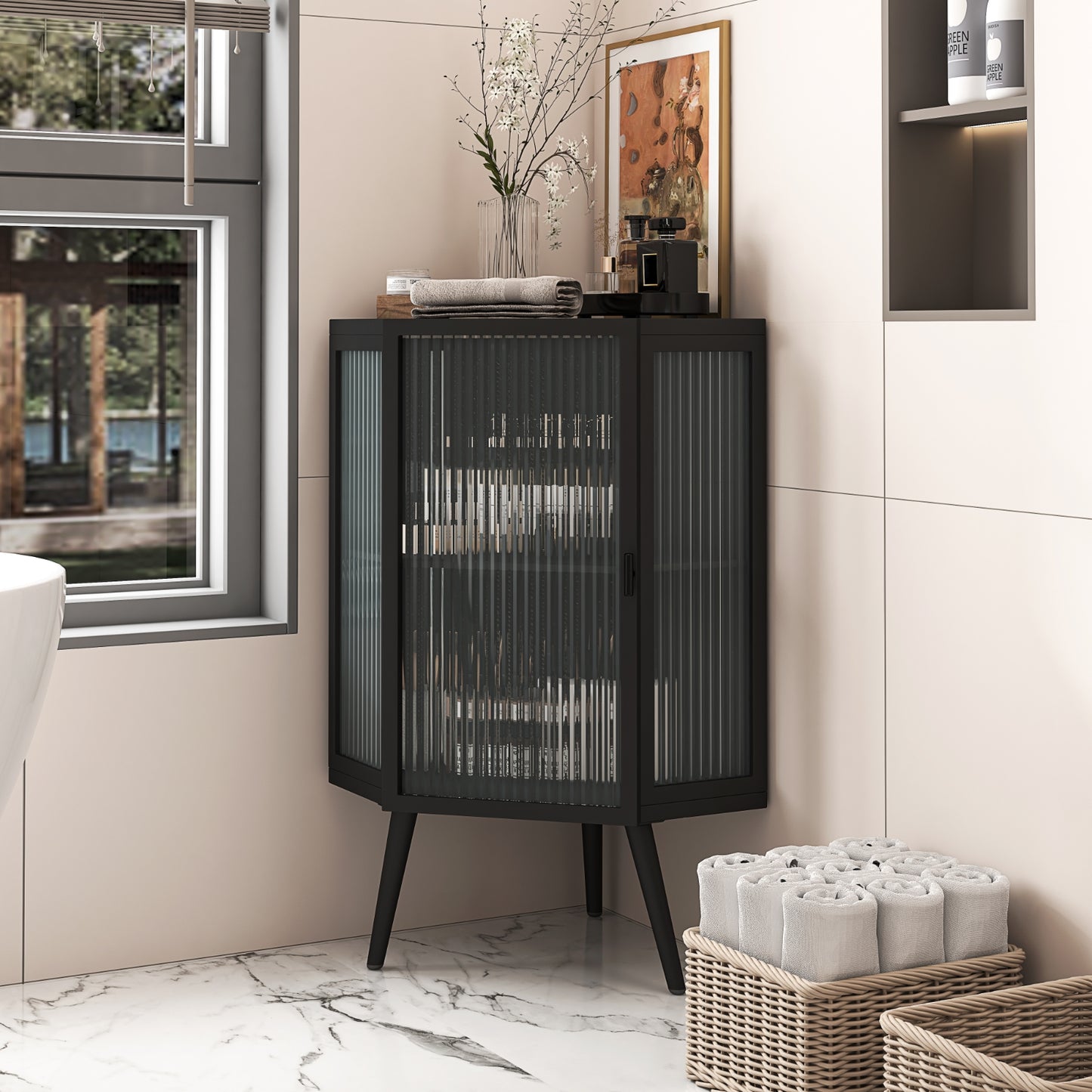 22.25 Floor Corner Cabinet With Glass Door Shelves For Bathroom, Living Room