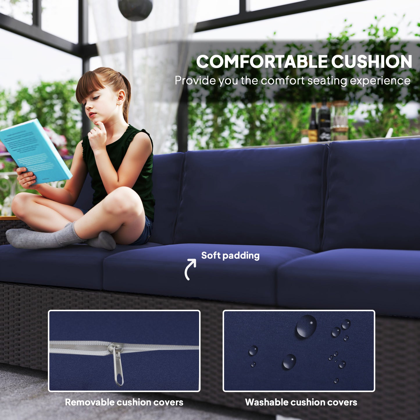 3-Seat Outdoor Patio Sofa With Cushions, PE Rattan Wicker Sofa With Wide Armrests, Outdoor Wicker Couch, Navy Blue