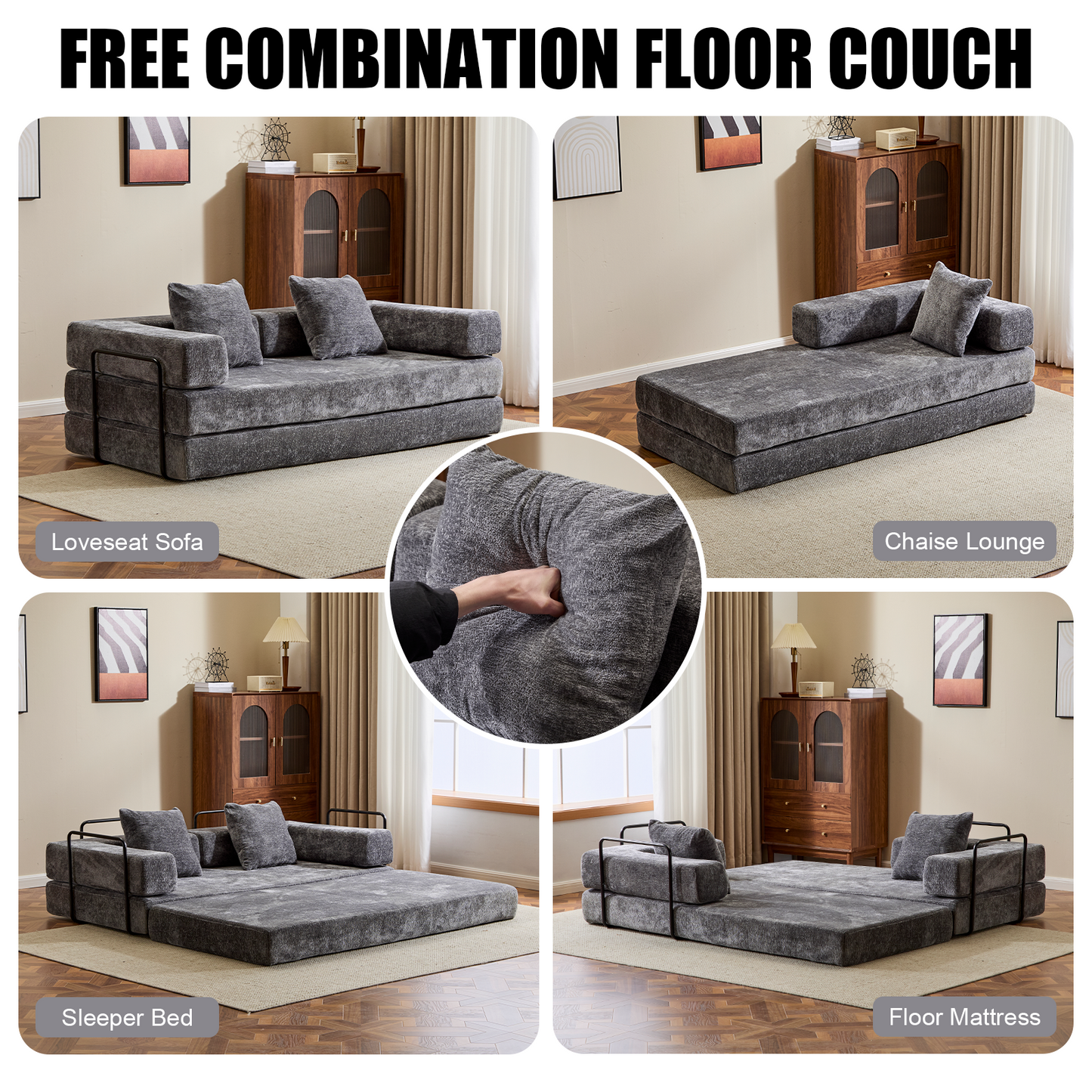Floor Couch,Compression Sofa,Convertible Floor Sofa Bed-with Pillow Back Support Armrest,Comfy Futon Couch Lounge Sleeper Bed,Chenile Fabric,for Living Room Bedroom DARK-GREY