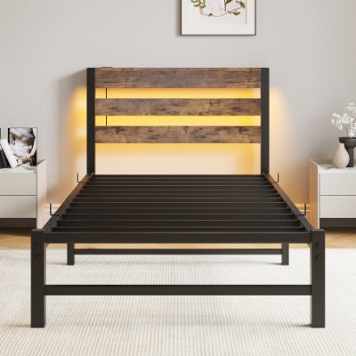 Twin Size Bed Frame Heavy Duty Platform Bed Frame With Headboard, USB Charging Station, LED Bed, No Box Spring Needed, Mattress Foundation, Strong Steel Slats, Noise Free, Brown