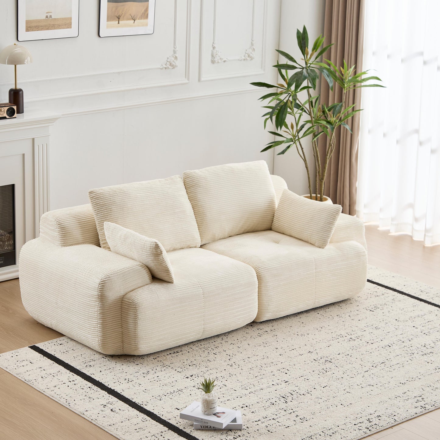 Modern Memory Foam Compressed Sofa,2 Seater Large Sectional Couches For Living Room,Pet-Friendly Cloud Modular Sectional Sofa,Corduroy Fabric,Extra Deep Loveseat,No Assembly Required, Beige