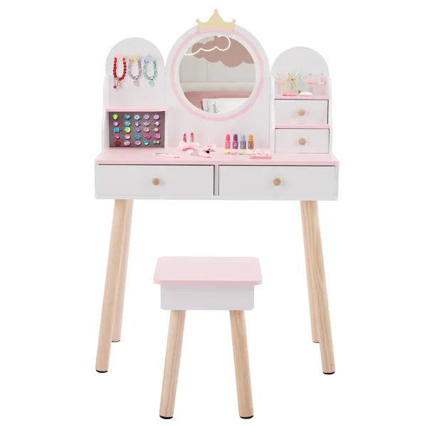White And Pink Crown Element, MDF + Particleboard + Solid Wood Legs, Painted And Melamine Laminated, 4-drawer Children's Dressing Table Set