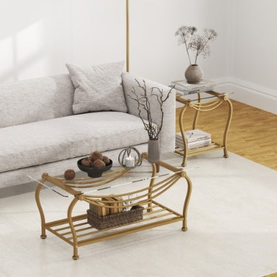 Tempered Glass Surface 3-Piece Coffee Table Set Decor Rectangle Coffee Table With 2 Square End Side Table Unique Design Coffee Table With Sturdy Construction For Living Room Elegant Gold