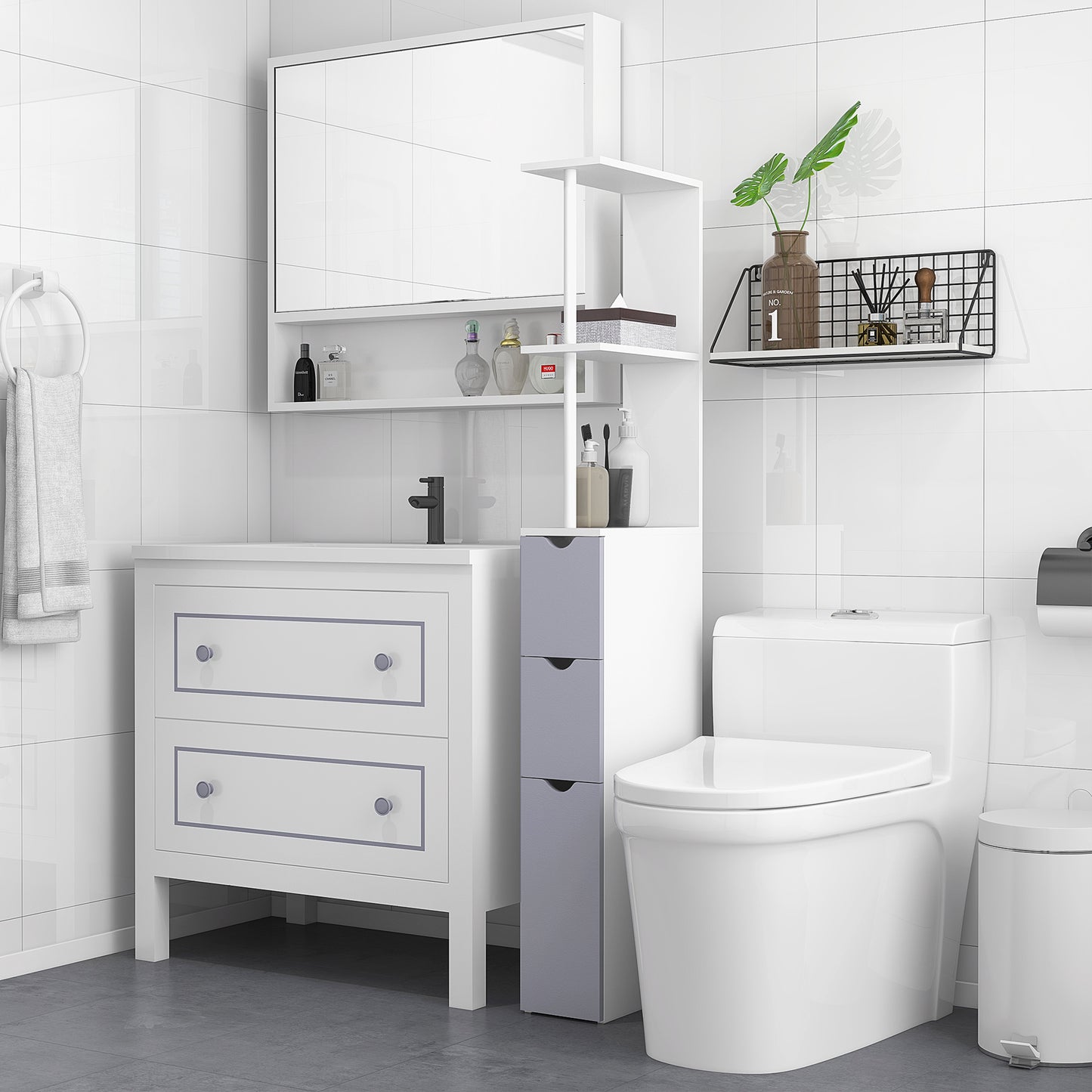 55 Tall Bathroom Cabinets, Narrow Storage Cabinet Freestanding Linen Tower With 2 Tier Shelf And Drawers, White