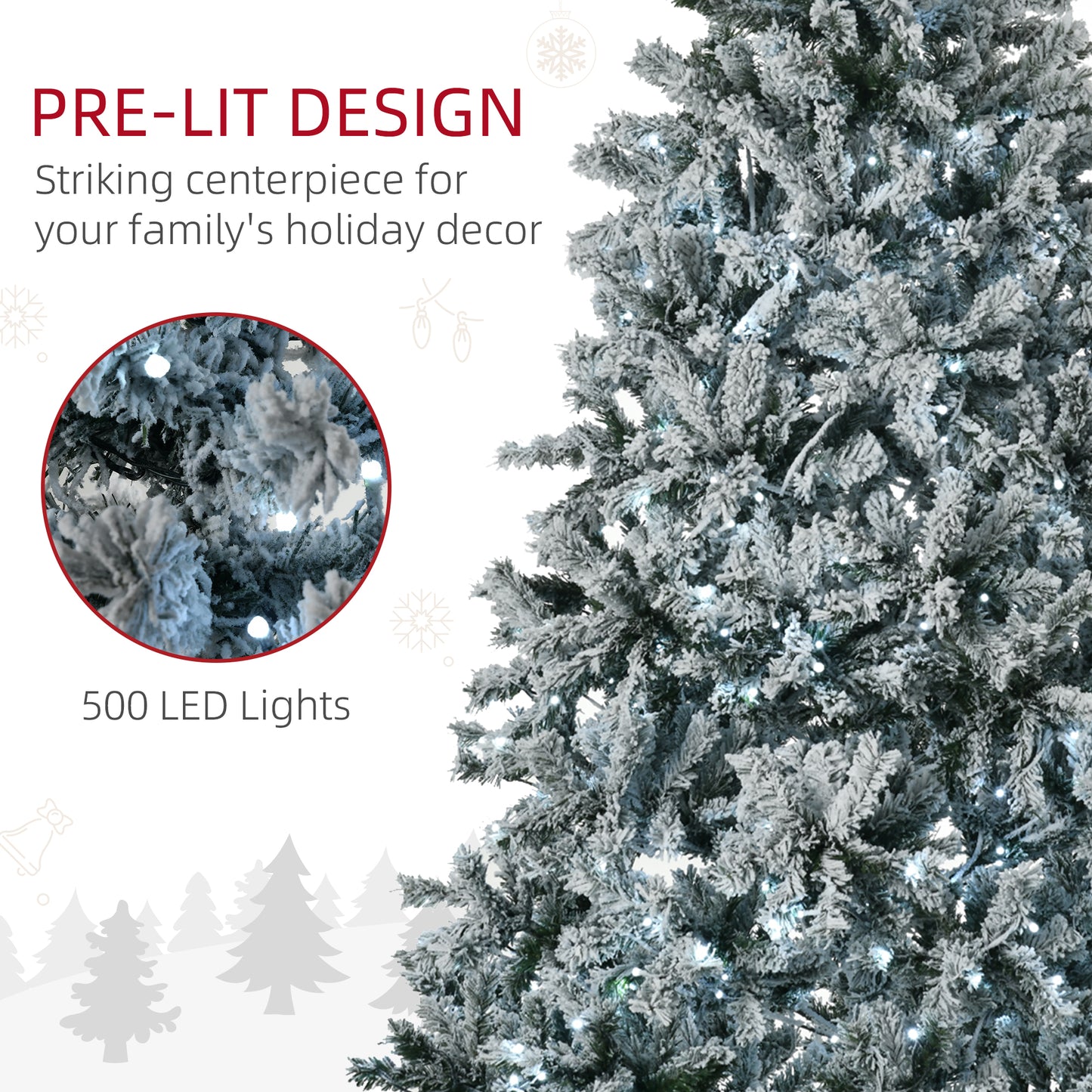 HOMCOM 7.5' Flocked Artificial Christmas Tree With Cold White LED Lights