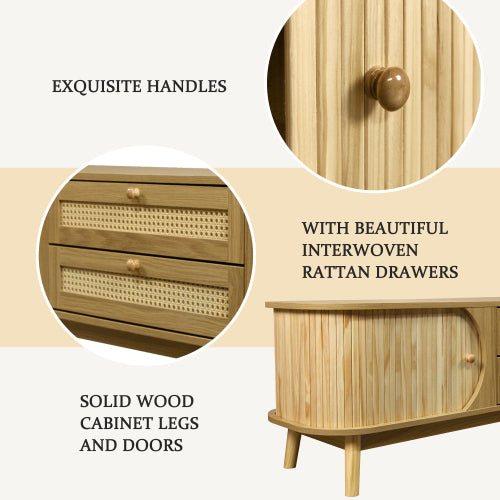 Rattan TV Stand For TVs Up To 75'', Modern Farmhouse Media Console, Entertainment Center With Solid Wood Legs, TV Cabinet For Living Room,Home Theatre