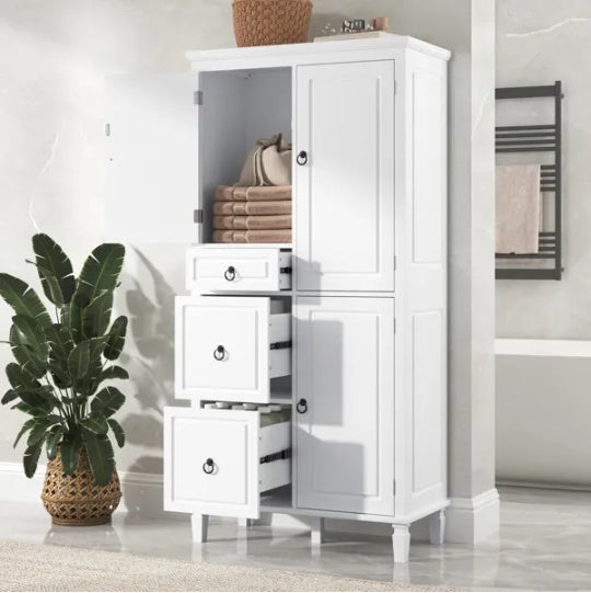 Retro Multi-Functional Storage Cabinet With Adjustable Shelves, 3 Drawers, And 3 Enclosed Compartments Stylish And Versatile Organizer For Living Room, Kitchen, Or Office, White