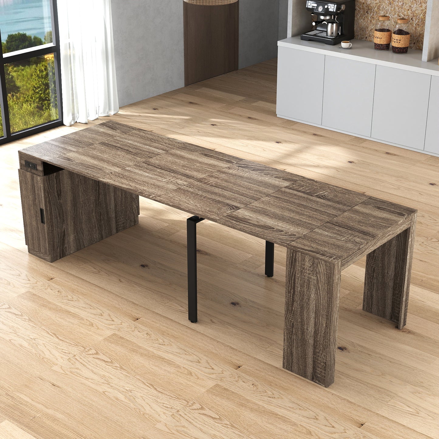 Modern Multifunctional Extendable Dining Table With Outlet, Space Saving Expanding Table With Storage For Party, Weddings, Meetings, Celebrations