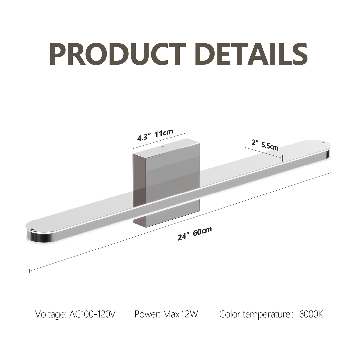 Modern Bathroom Light Fixtures Dimmable LED Vanity Lights Chrome Lamps For Bathover Mirror 24 Inch Vanity Sconces Indoor 12W Bar Lighting For Bathrooms Restroom Bedroom 6000K Wall Light For Bathroom