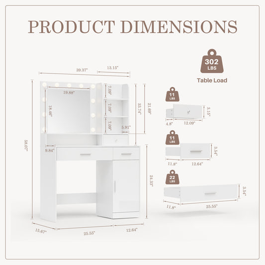 Dressing Table And Mirror, Dressing Table And Bedroom Dressing Table With 3-color Light Options For Adjustable Brightness, White
