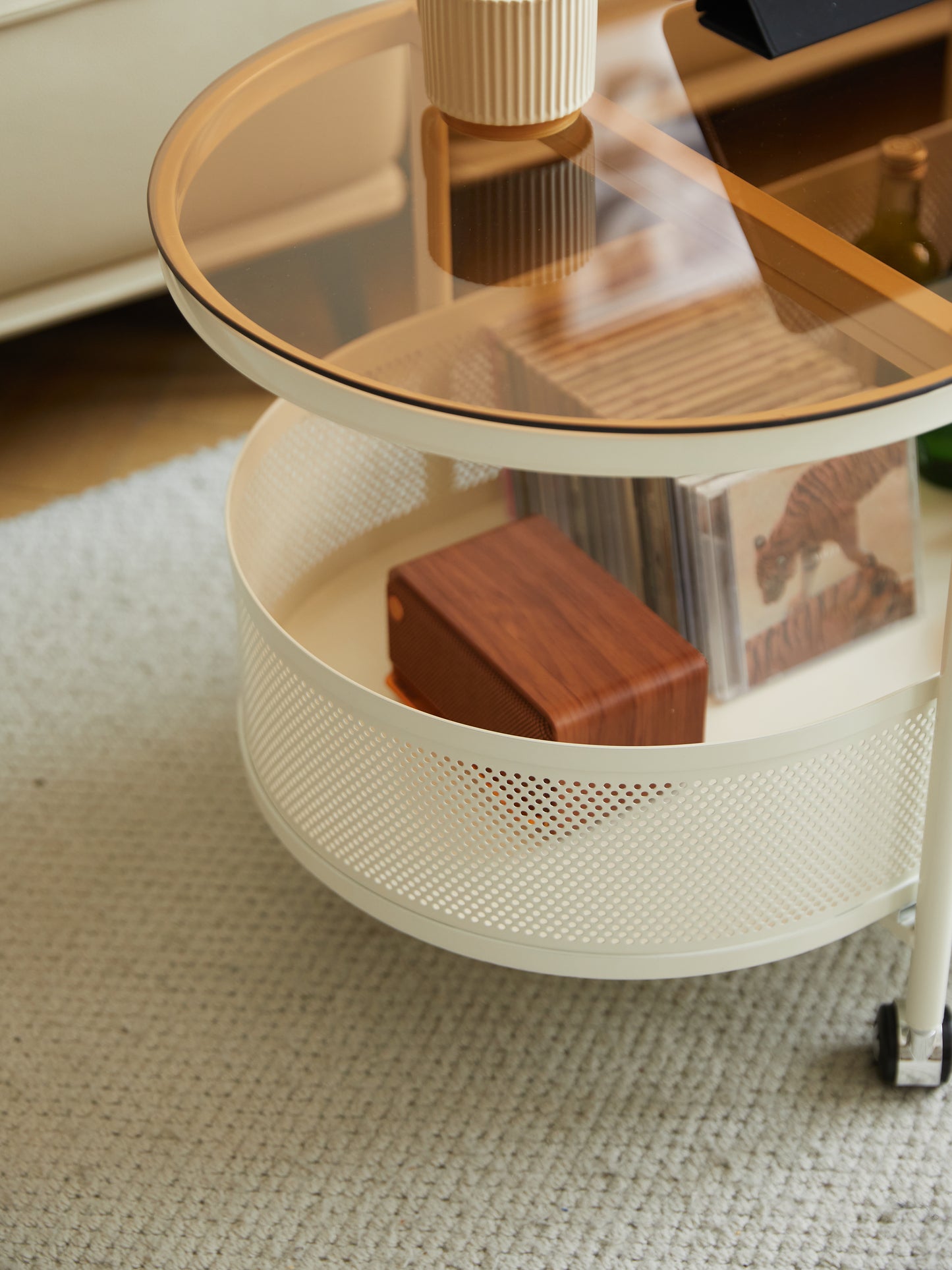 Movable Oval Metal Glass Coffee Table With Storage
