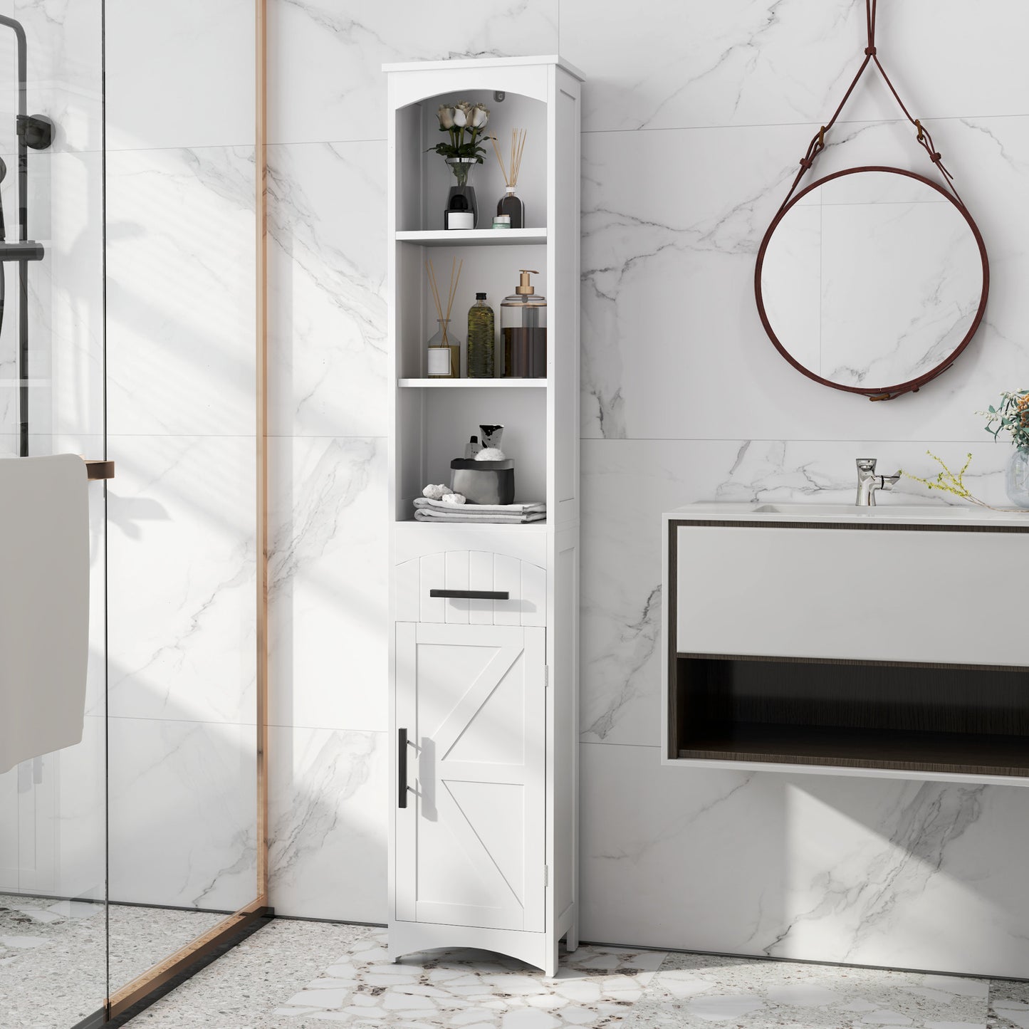 Farmhouse Tall Slim Bathroom Storage Cabinet with Recessed Drawer