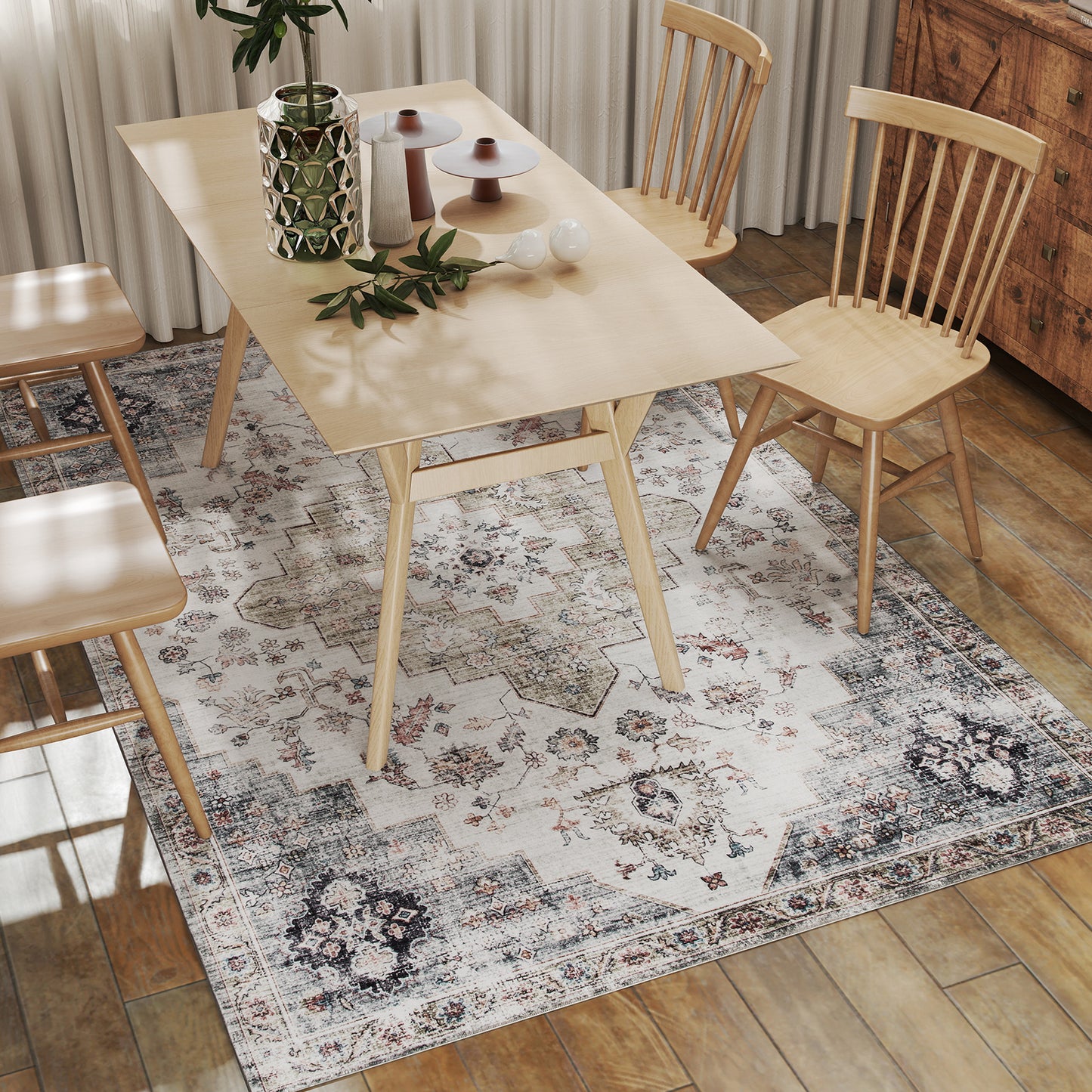 5x7 Area Rug, Vintage Machine Washable Rug, Non-Slip Carpet for Living Room, Bedroom, Dining Room, Brown and Green