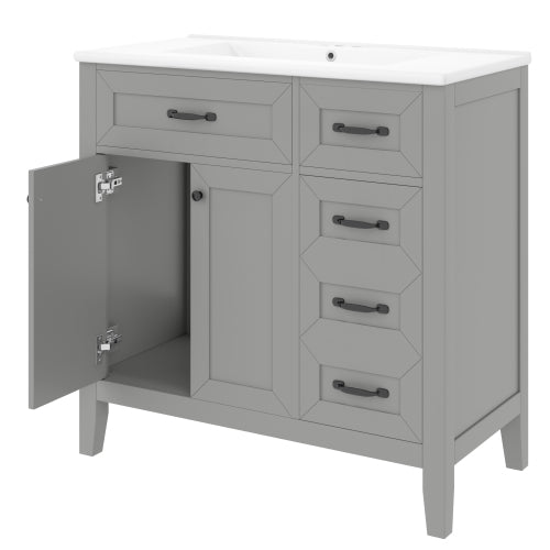 36 Bathroom Vanity With Sink Combo, Gray Bathroom Cabinet With Drawers, Solid Frame And MDF Board