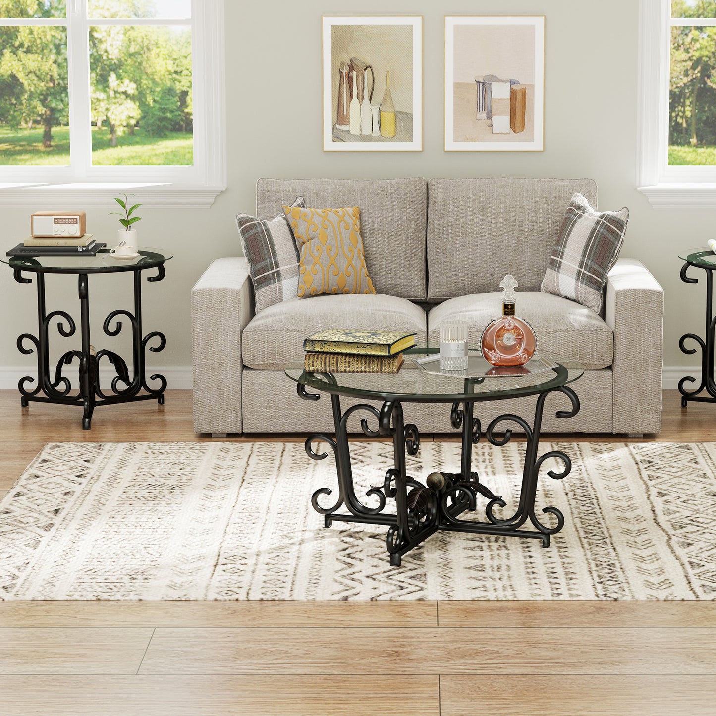 3-Piece Coffee Table Set, Tempered Glass Surface With Sturdy Metal Frame Modern Living Room Sets 1 Coffee Table & 2 End Tables