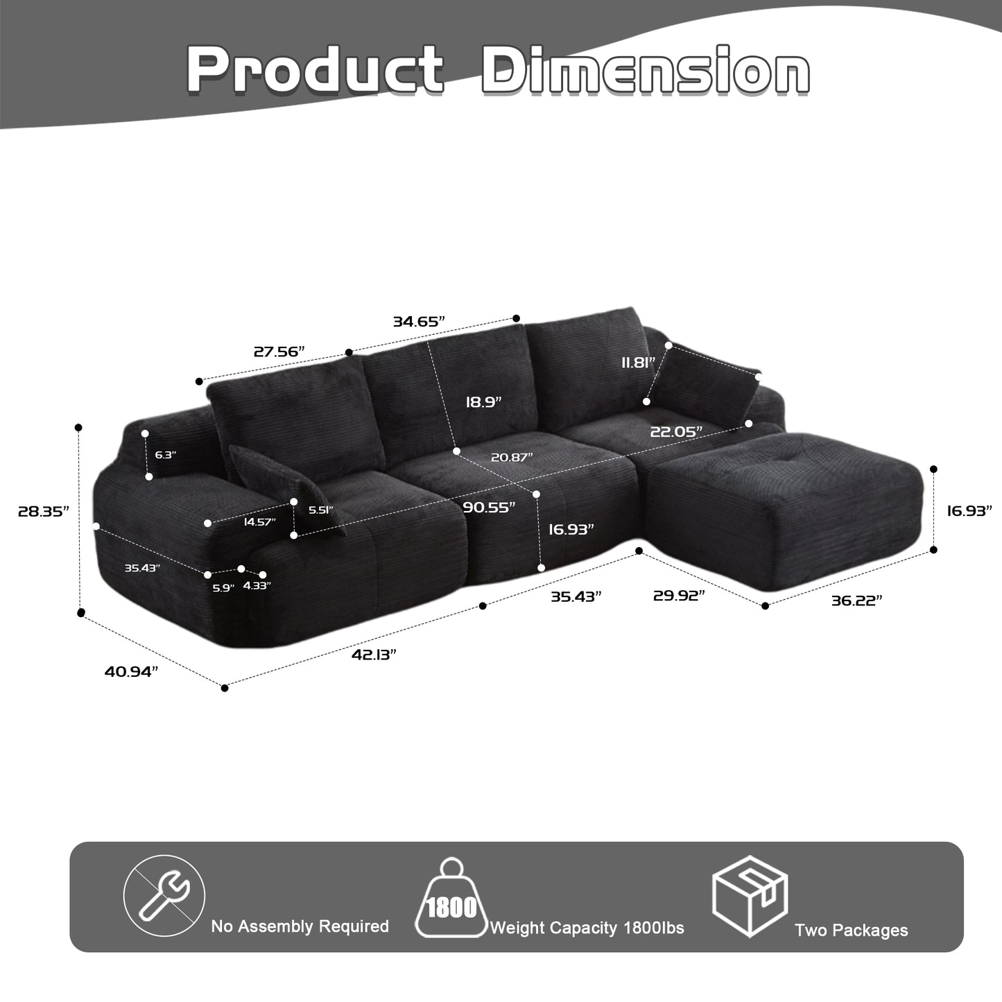 Modern Memory Foam Compressed Sofa,Large Sectional Couches For Living Room,Pet-Friendly Cloud Modular Sectional Sofa,Corduroy Fabric,Extra Deep Loveseat,No Assembly Required, Black
