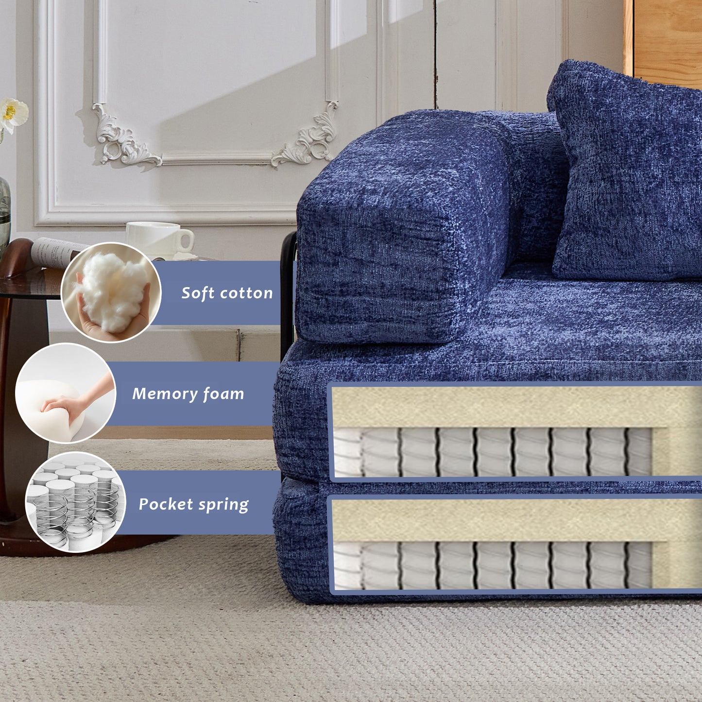 Compression Sofa,Convertible Floor Sofa Bed With Fixed-Shape Frame,Single Seater Boneless Modular Sectional Sofa,No Assembly Required,Chenille Fabric,for Living Room Bedroom,Dark Blue