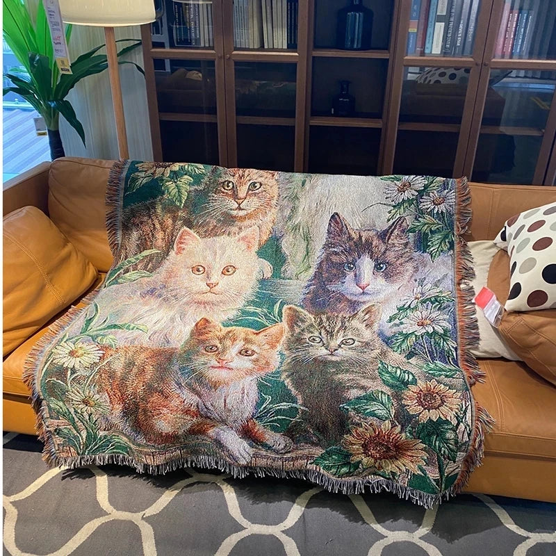 DecorBites™ Cat Sunflower Knitted Sofa Cover - Multi-functional Blanket, Bed Cover, Floor Mat, and Tapestry for Home Decor.