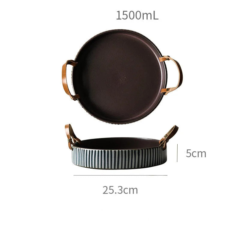 DecorBites™ Handmade Porcelain Bowl with Leather Handle - Round Sallow Salad Plate