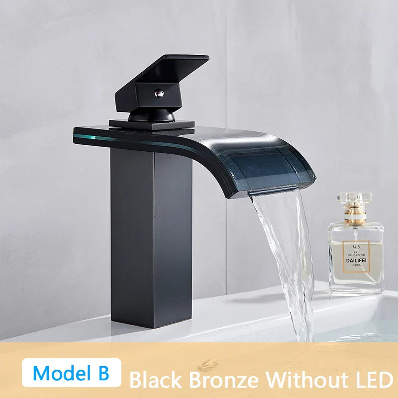 DecorBites™ LED Waterfall Bathroom Sink Faucet Black Bronze Single Handle Deck Mount