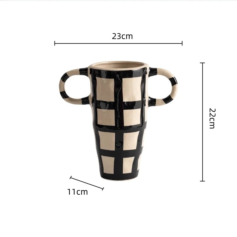 DecorBites™ Geometric Check Pattern Ceramic Vase with Handle for Home Decoration