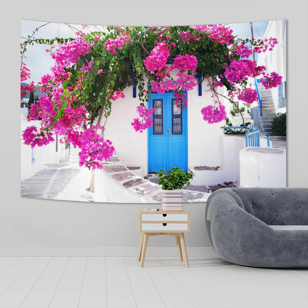 DecorBites™ Greece Town Scenery Tapestry Sofa Blanket: Spring Flower Street Art Aesthetic Home Decor