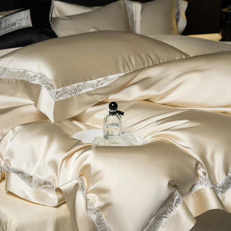 DecorBites™ Luxe Brocade & Egyptian Cotton Bedding Set with Hollow Lace Edge