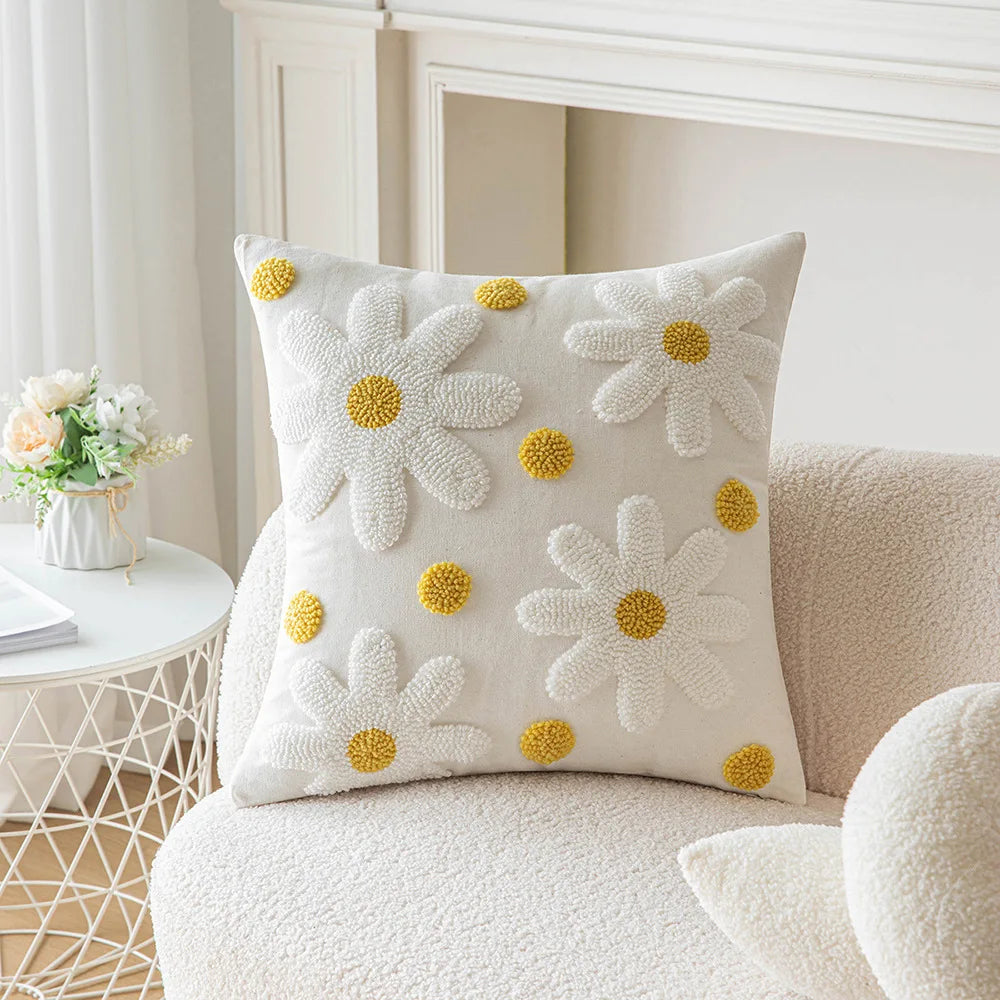 DecorBites™ Geometric Embroidery Beige Floor Pillow Cover for Living Room Sofa