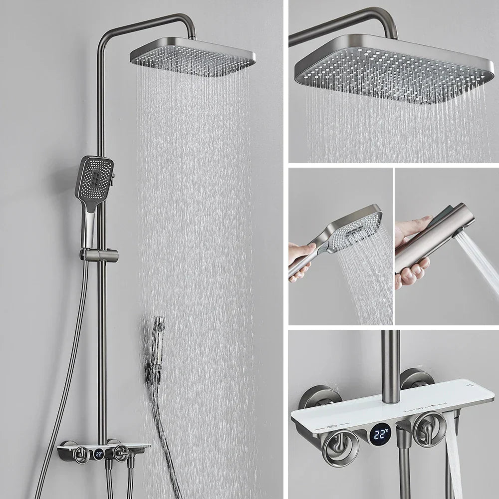 DecorBites™ Grey Thermostatic Digital Shower Faucet Set with Rainfall System