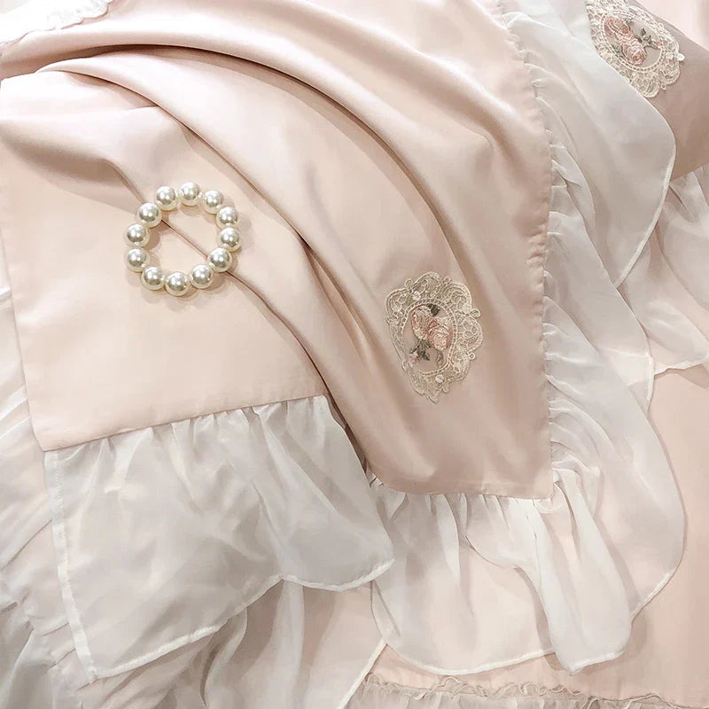 DecorBites™ French Lace Ruffles Princess Wedding Bedding Set - 4Pcs 1000TC Cotton - Duvet, Sheet, Pillowcases