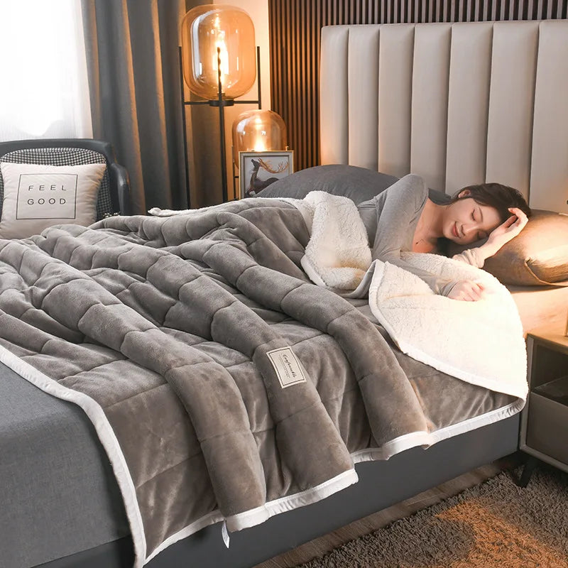 DecorBites™ Cozy Coral Fleece 3-Layer Bed Blanket for Autumn & Winter Warmth