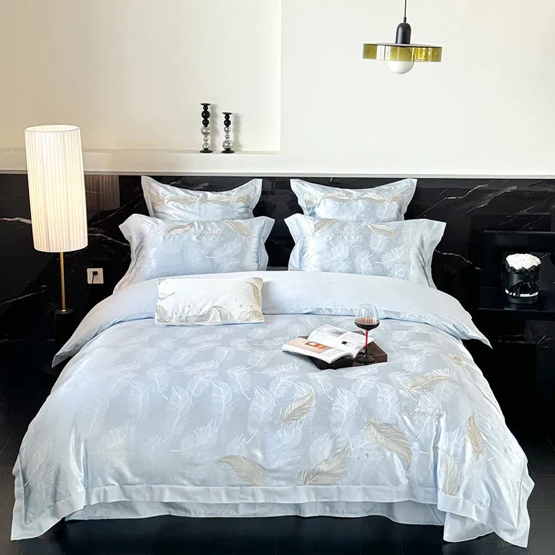 DecorBites™ Jacquard 100s Egyptian Cotton Bedding Set: King Queen Ru Size Sheet Blanket Pillowcase