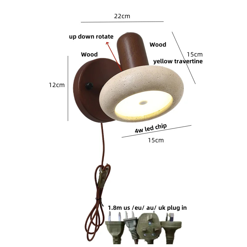 DecorBites™ LED Wall Sconce Iron Rotate Kitchen Bedroom Hallway Yellow Travertine Wood Mirror Light