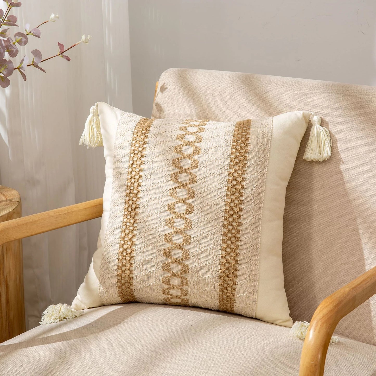 DecorBites™ Geometric Tassel Cushion Cover in Cotton and Linen for Living Room and Bedroom