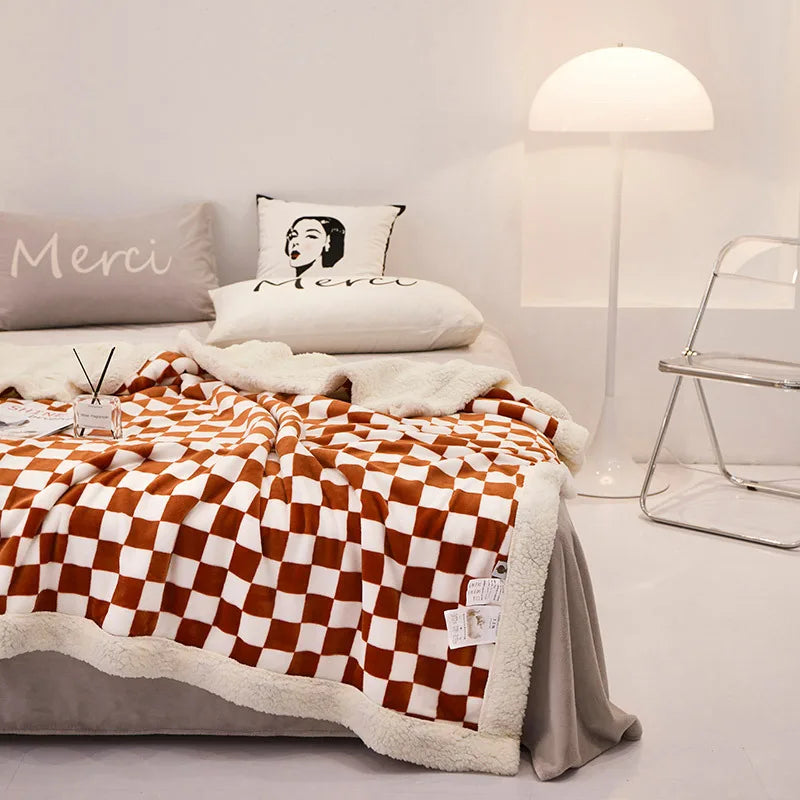 DecorBites™ Double Layer Lamb Wool Checkered Blanket - Nordic Style Warm Bedspread