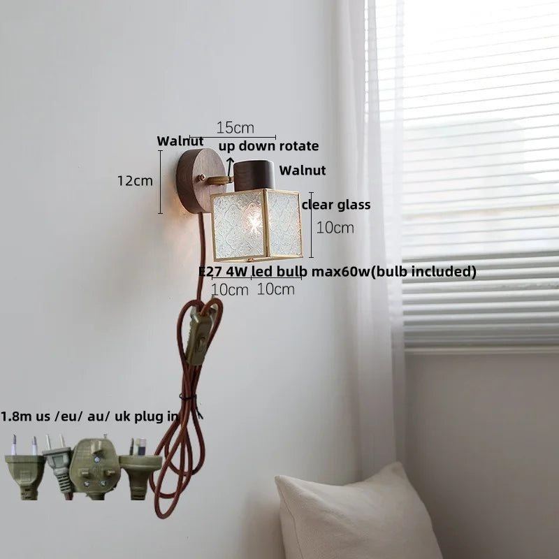 DecorBites™ Clear Glass LED Wall Sconce Walnut Wood Bedroom Living Room Modern Fixture