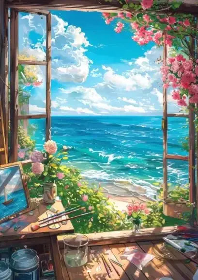 ’Blue Beach Cabin Forest Canvas Wall Art’ - P8 / 40x60cm No Frame - Posters