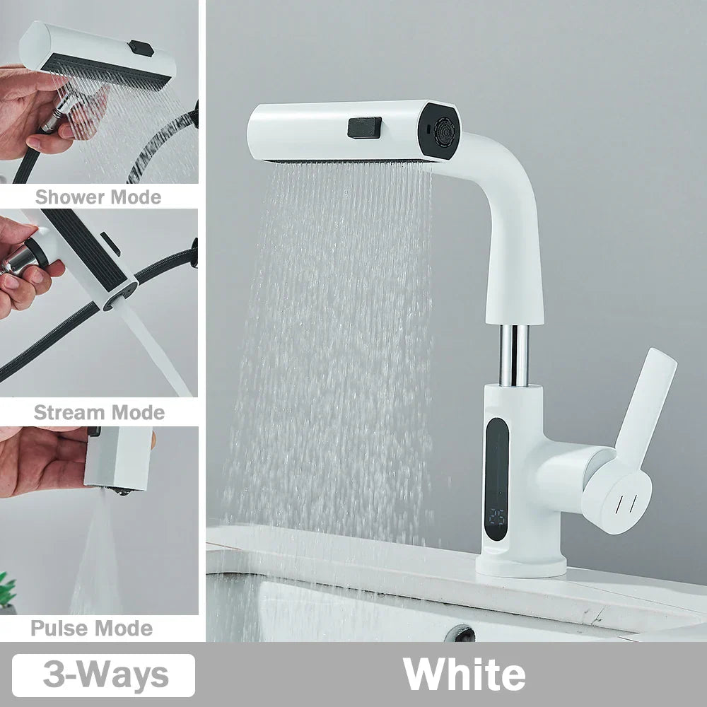 DecorBites™ Digital Display Basin Faucet with 3-Way Nozzle: Pull Out, Rainfall Stream, Hot Cold Mixer